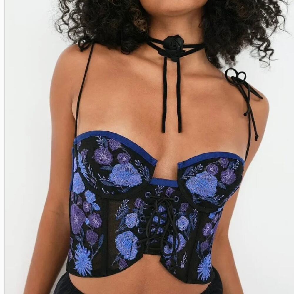For Love & Lemons Kaylee Crop Top - Black with Purple and Blue Embroidery - M